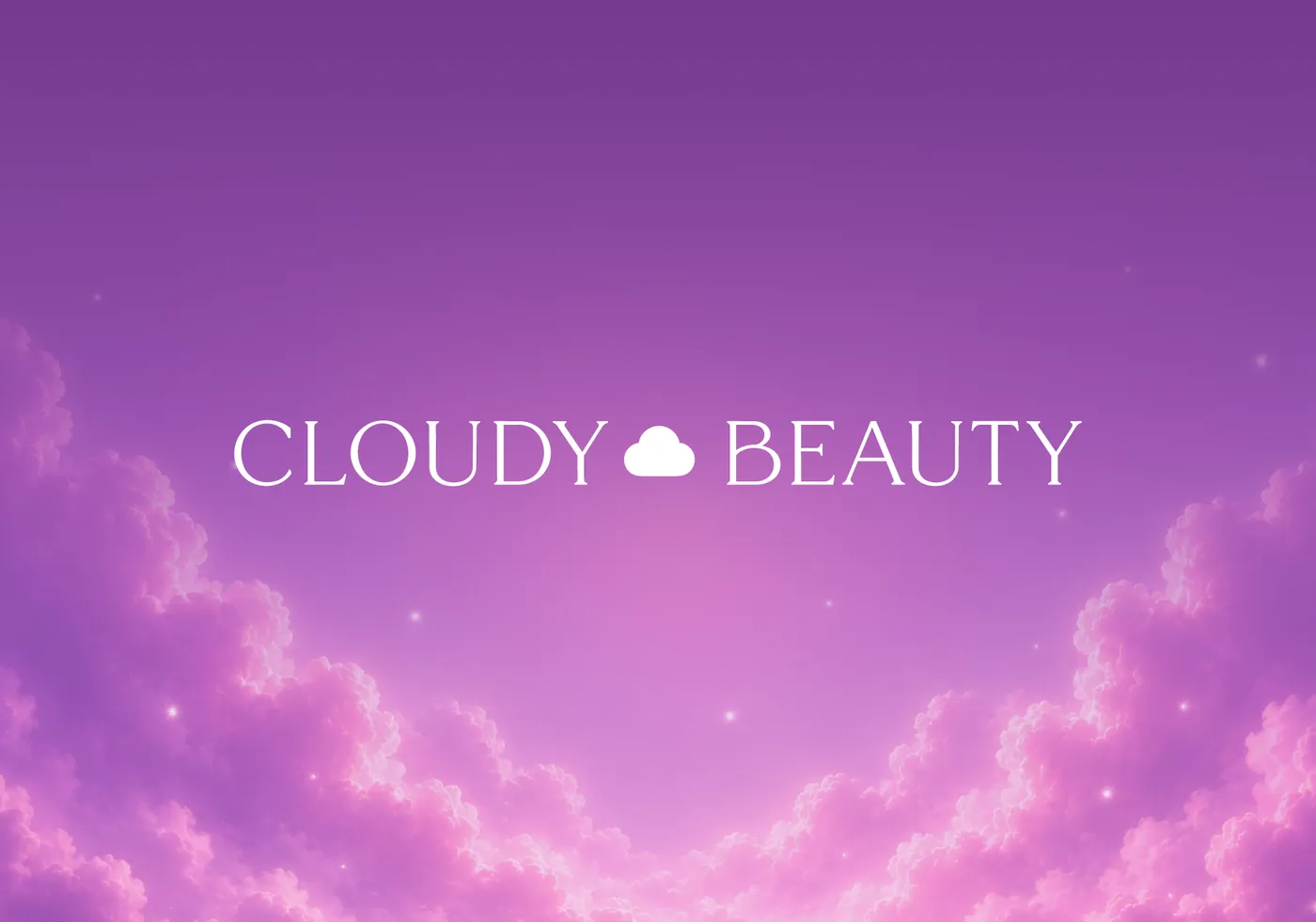 Logotipo Cloudy Beauty en blanco sobre degradado violeta con nubes