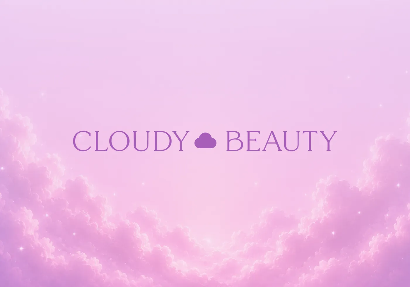 Logotipo Cloudy Beauty en violeta sobre fondo rosa claro con nubes