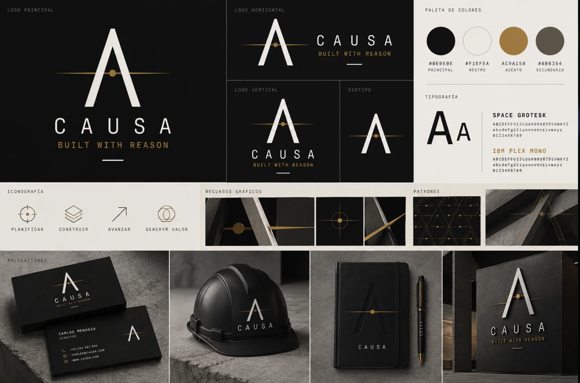 Manual de marca CAUSA: logo principal, horizontal y vertical, isotipo, paleta de colores, tipografía, iconografía, recursos gráficos, patrones y aplicaciones