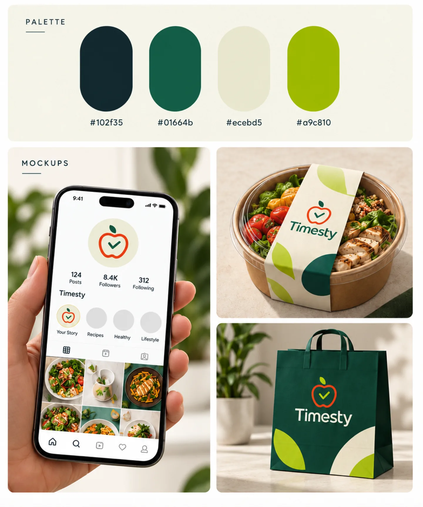 Timesty: paleta de colores y mockups de perfil de Instagram, packaging de bowl y bolsa